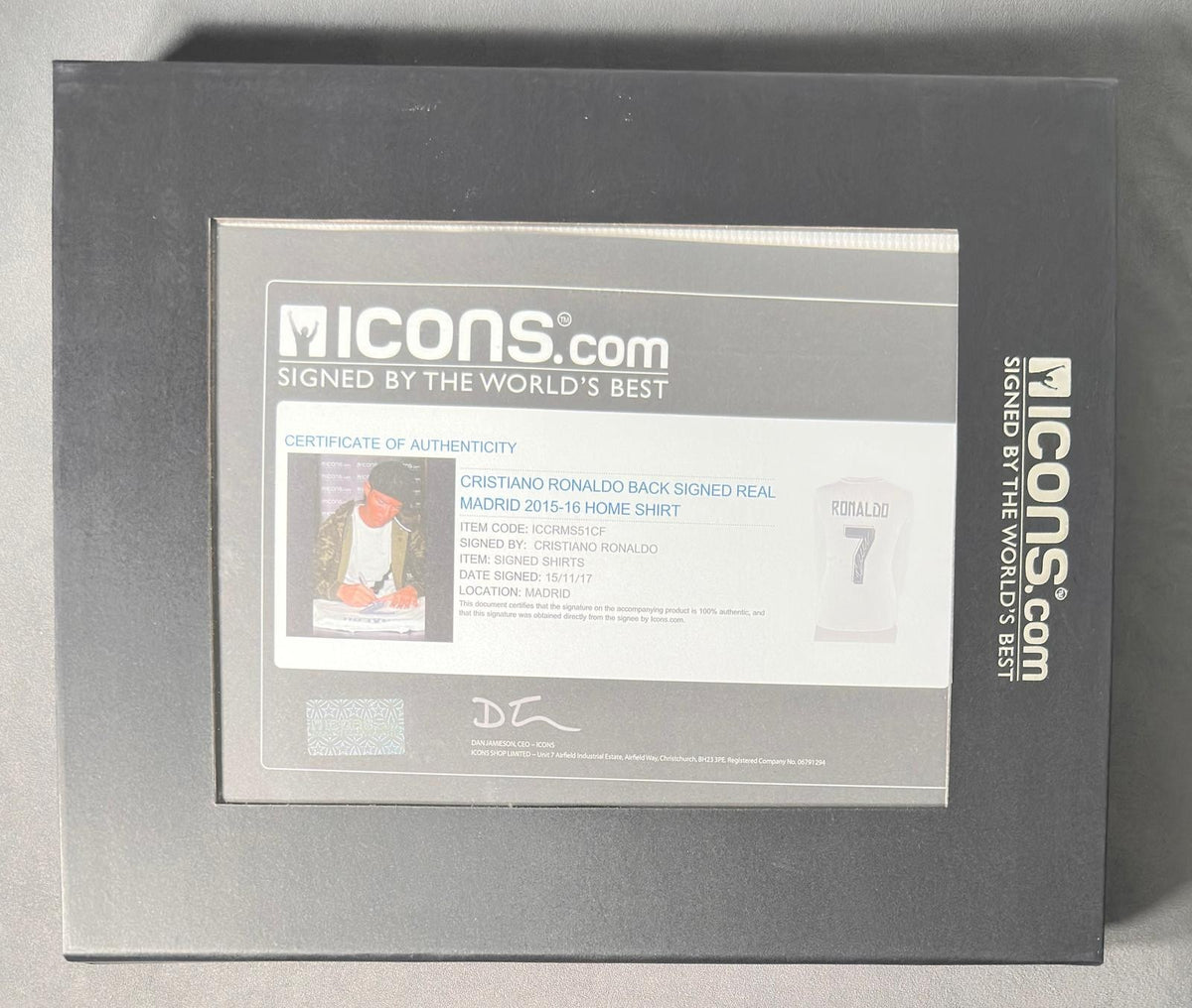Cristiano Ronaldo signed Real Madrid jersey with Icons.com certificate of authenticity