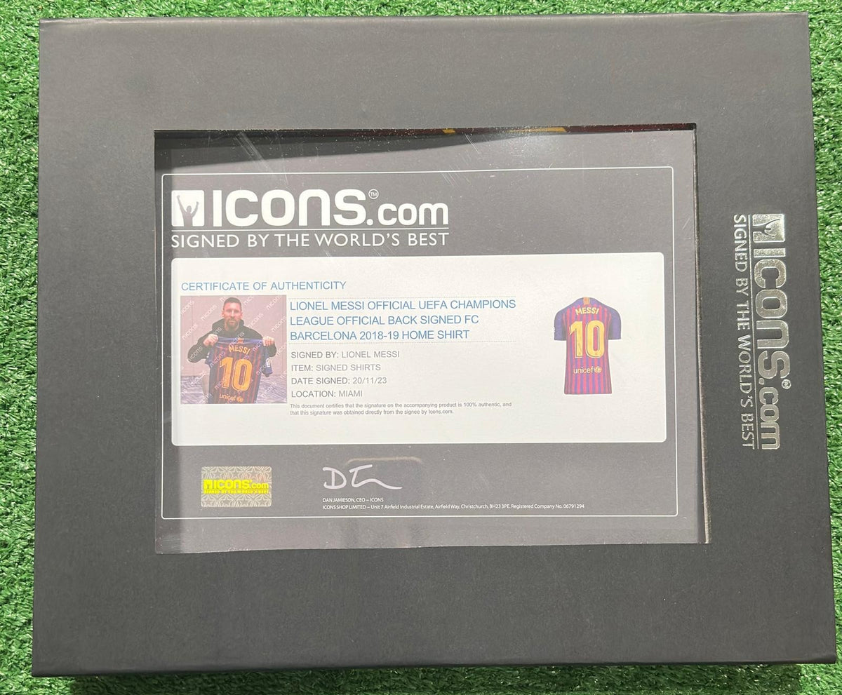 Lionel Messi signed FC Barcelona jersey with Icons.com certificate of authenticity