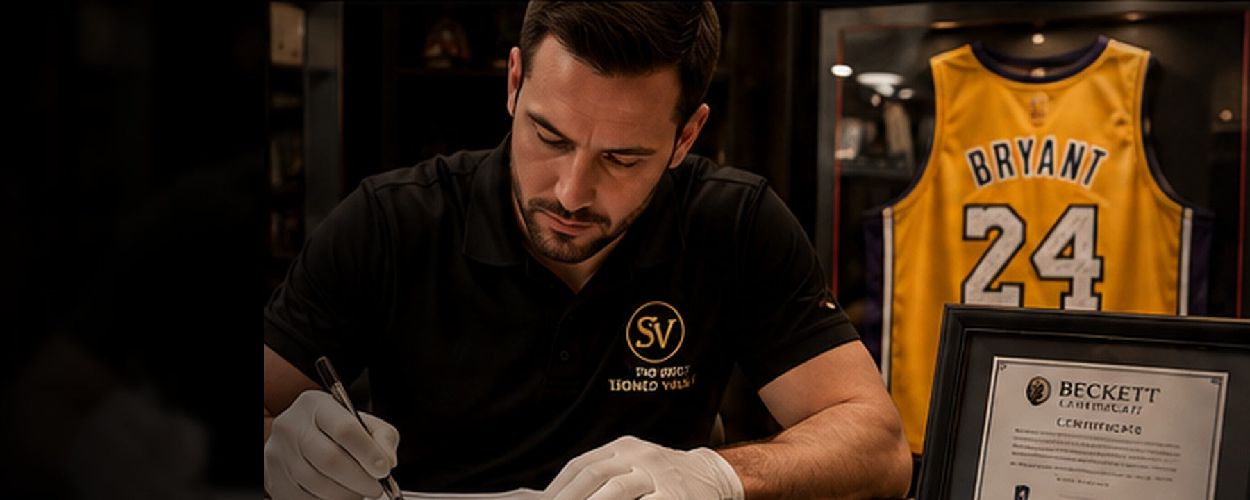 Sports memorabilia specialist preparing an authenticated jersey